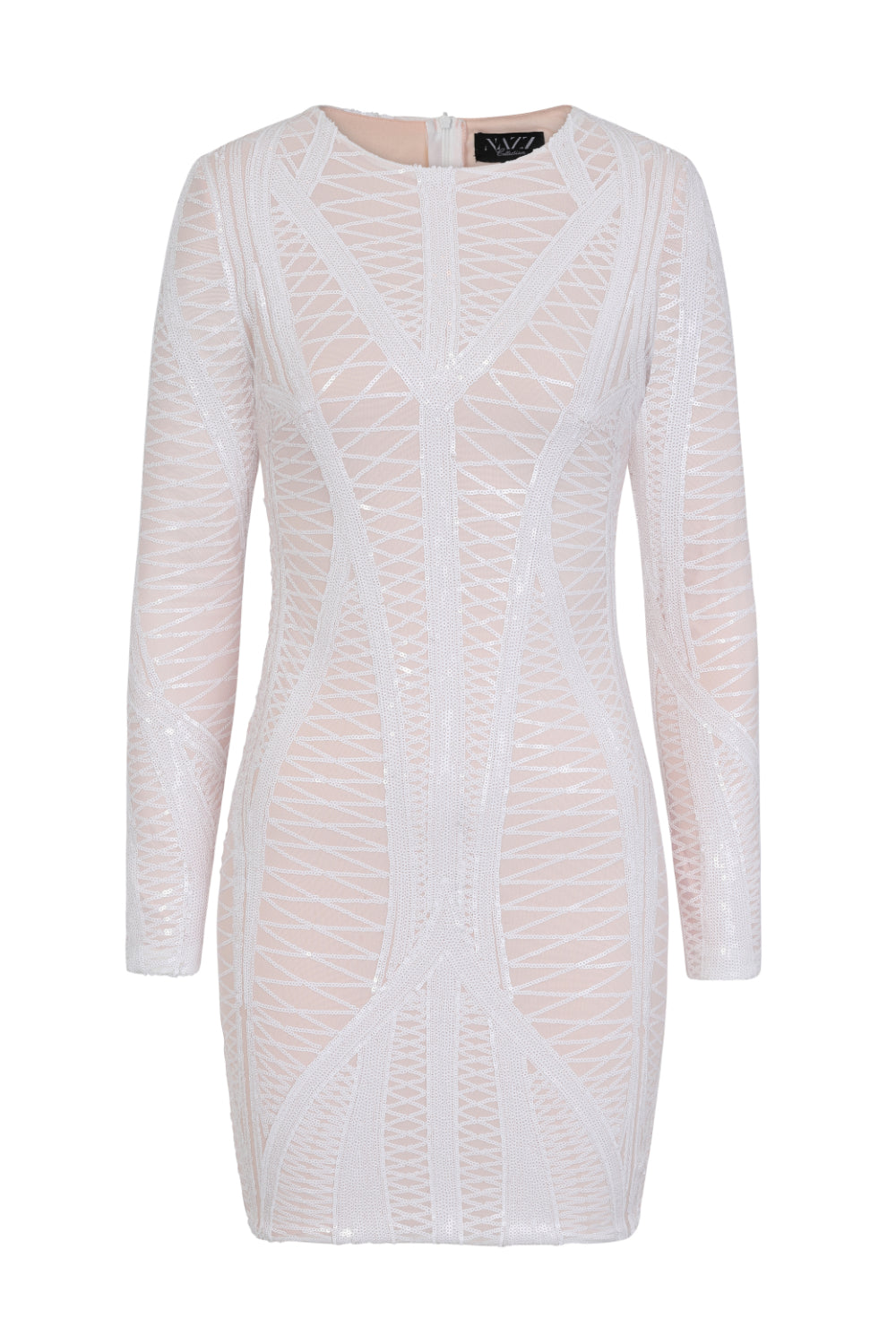 Hilton Luxe White Nude Cage Sequin Bandage Illusion Dress