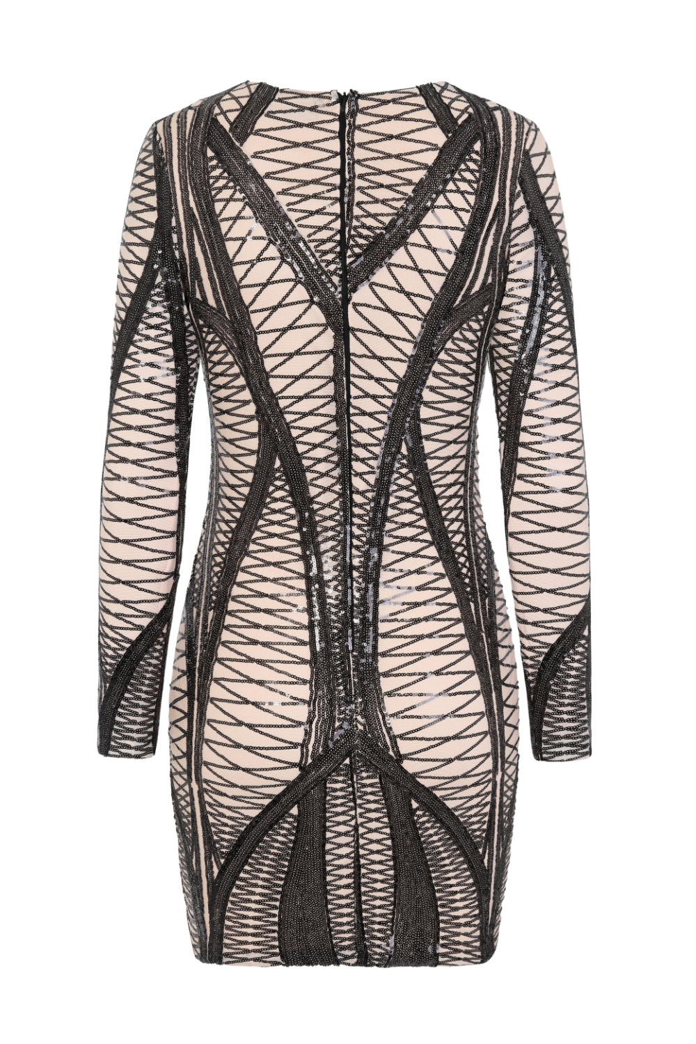 Hilton Luxe Black Nude Cage Sequin Bandage Illusion Dress