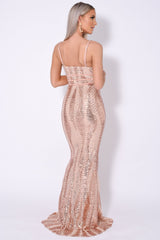 Virgo Rose Gold Plunge Cage Sequin Bandage Illusion Maxi Dress