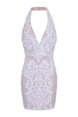 Heart Breaker White Nude Halterneck Floral Sequin Embellished Dress