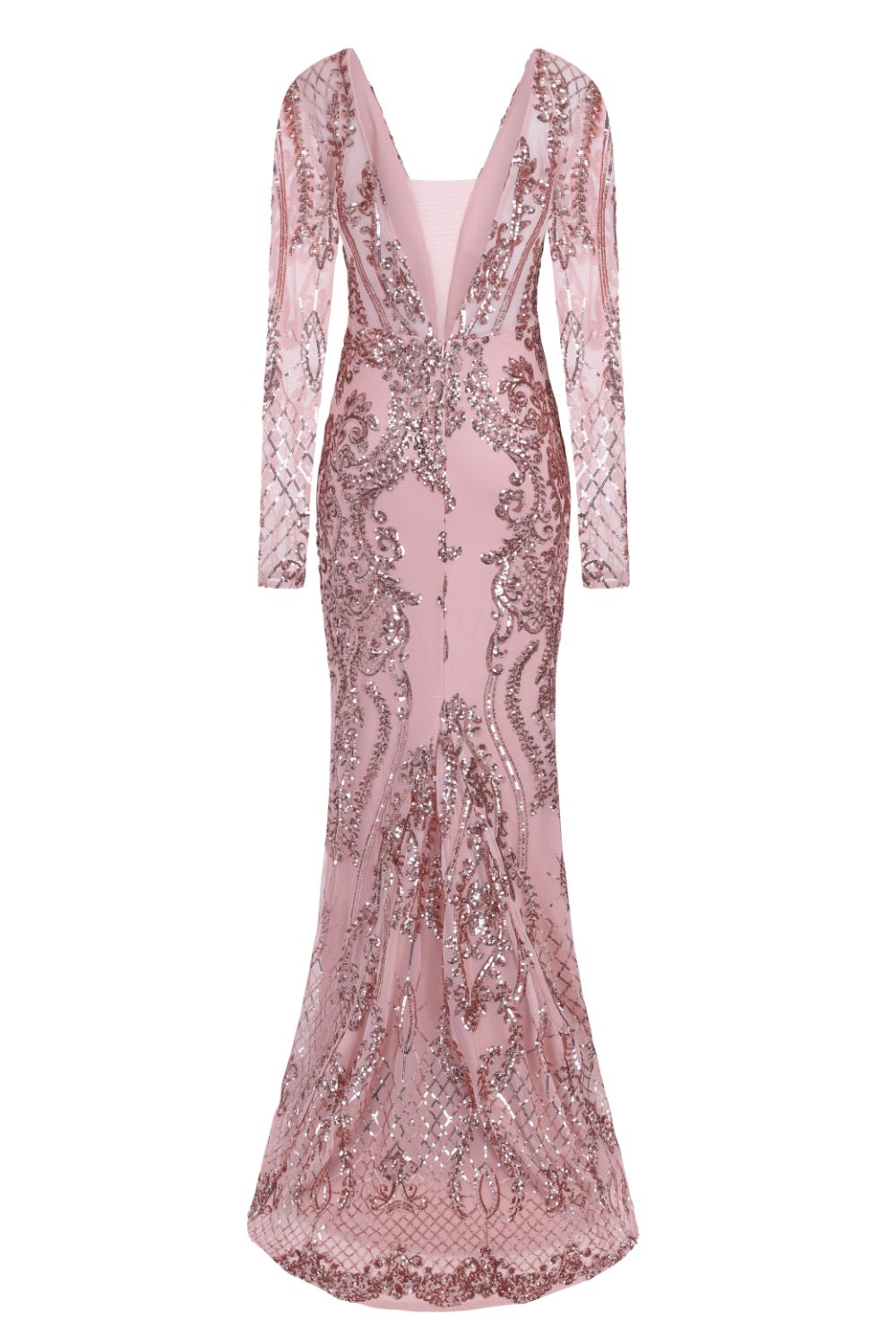 Annabella Rose Gold V Back Floral Plunge Sequin Fishtail Dress