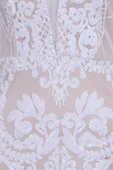 Secrets White Long Sleeve V Back Floral Mesh Plunge Sequin Dress