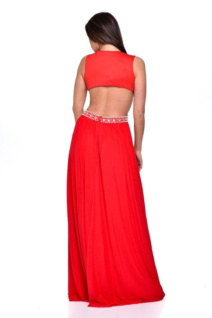 Laila Red Cut-Out Waist Pearl Encrusted Grecian Goddess Maxi Dress