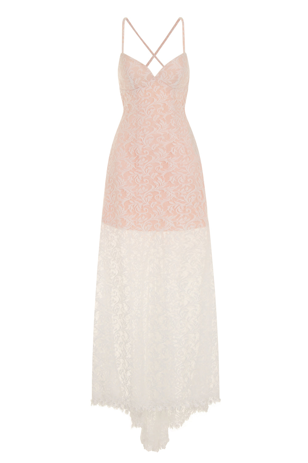 Lilly White Nude Sheer Lace Applique Fishtail Maxi Dress