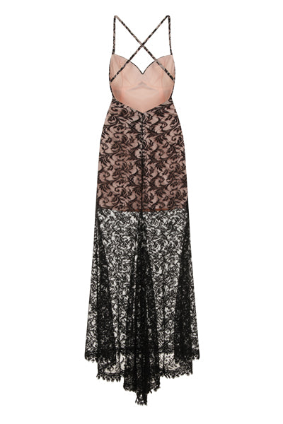 Lilly Black Nude Sheer Lace Applique Fishtail Maxi Dress