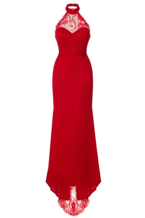 Cleo Luxe Berry Red Halterneck Diamante Lace Fishtail Maxi Dress
