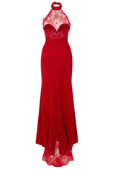 Cleo Luxe Berry Red Halterneck Diamante Lace Fishtail Maxi Dress