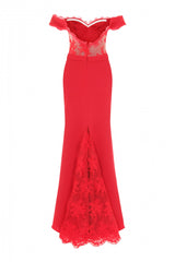 Ruby Berry Red Off The Shoulder Lace Fishtail Maxi Dress