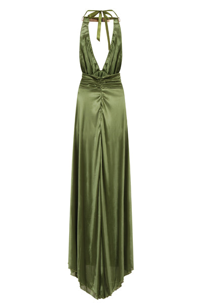 Riri Khaki Gold Choker Plunge Double Slit Maxi Dress