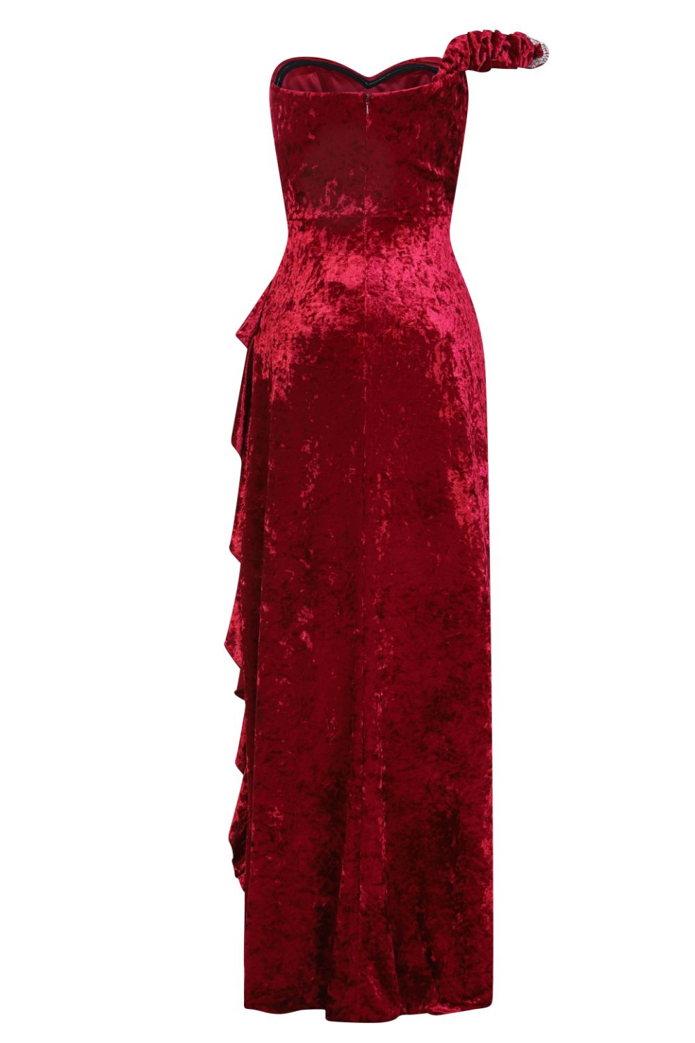Secret Romance Luxe Berry Velvet Ruffle Thigh Slit Maxi Dress Nazz Collection