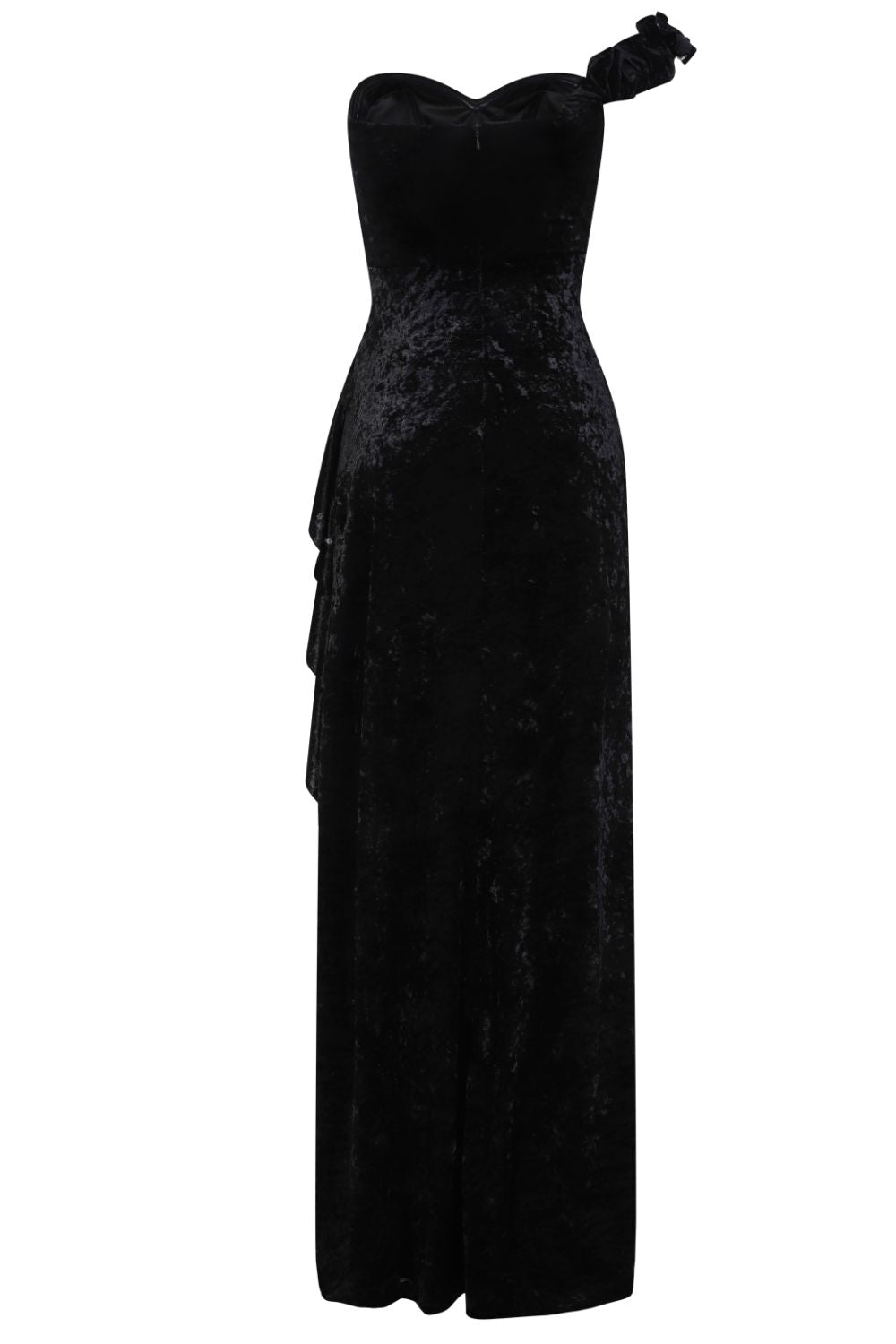 Secret Romance Luxe Black Velvet Ruffle Thigh Slit Maxi Dress