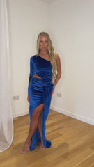 Rianna Royal Blue High Neck Velvet Ruched Detail One Sleeve Slit Maxi Dress