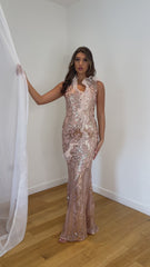 Fairtytale Ruffle Luxe Rose Gold Keyhole Victorian Sequin Illusion Maxi Dress