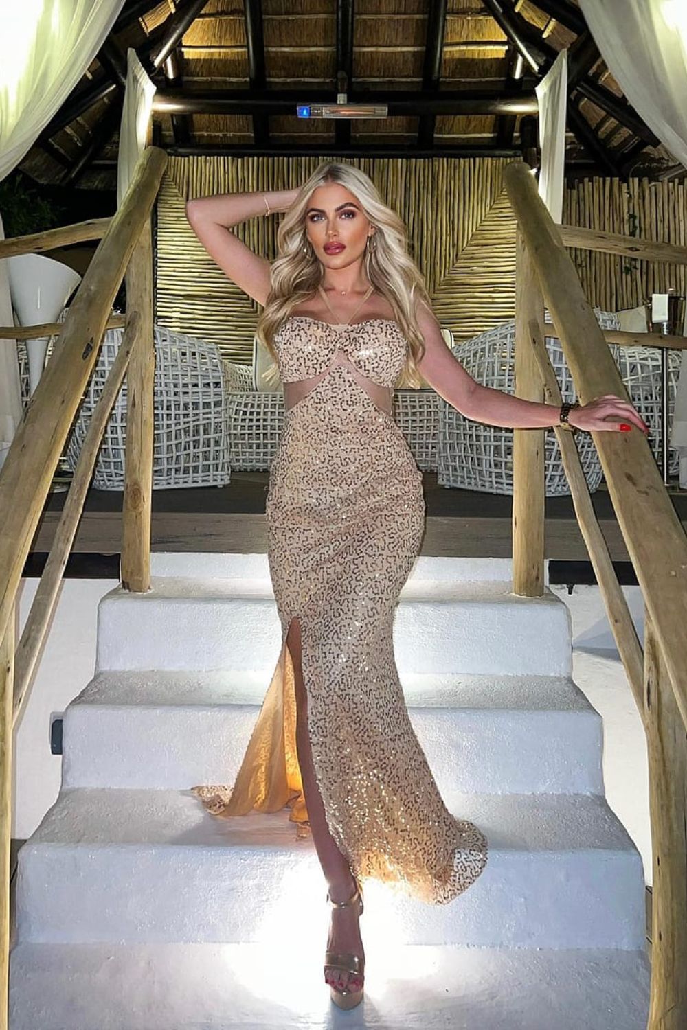 My Moment Rose Gold Luxe Sequin & Beaded Embellished Sheer Mesh Waist Slit Maxi Dress