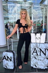 Never Endin' Black Ribbed Two Piece Tie Front Top High Rise Flare Wide Trousers Co-ord Set