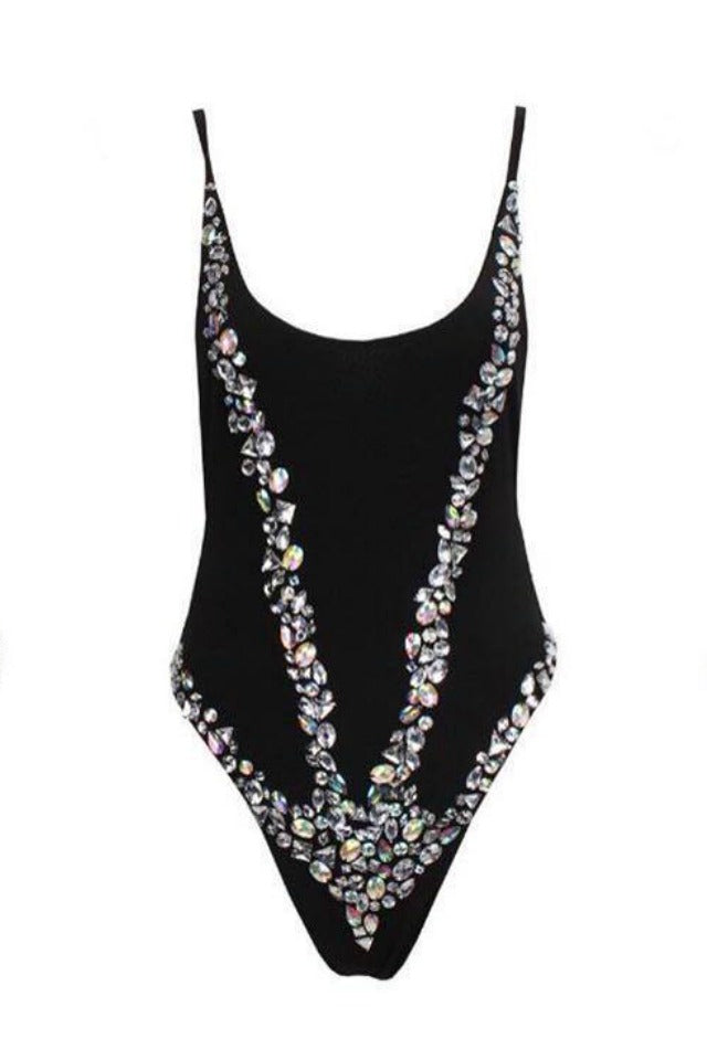 Miami Black Crystal Encrusted Swimsuit Bodysuit
