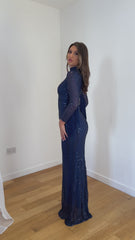 Hypnotic Navy Luxe VIP Tassel Fringe Sequin Embellished Illusion Long Sleeve Maxi Dress