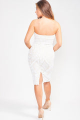 Chic Luxe White Nude Strapless Sequin Illusion Midi Pencil Dress