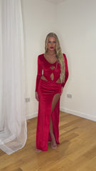 Rue Ruby Red Velvet Cut-Out Enhancement Design Maxi Slit Dress