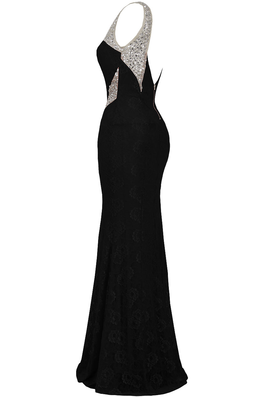 Gigi Black Rainbow High Neck Tie Side Shimmer Sparkle Maxi Dress