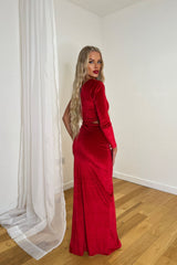 Rue Ruby Red Velvet Cut-Out Enhancement Design Maxi Slit Dress