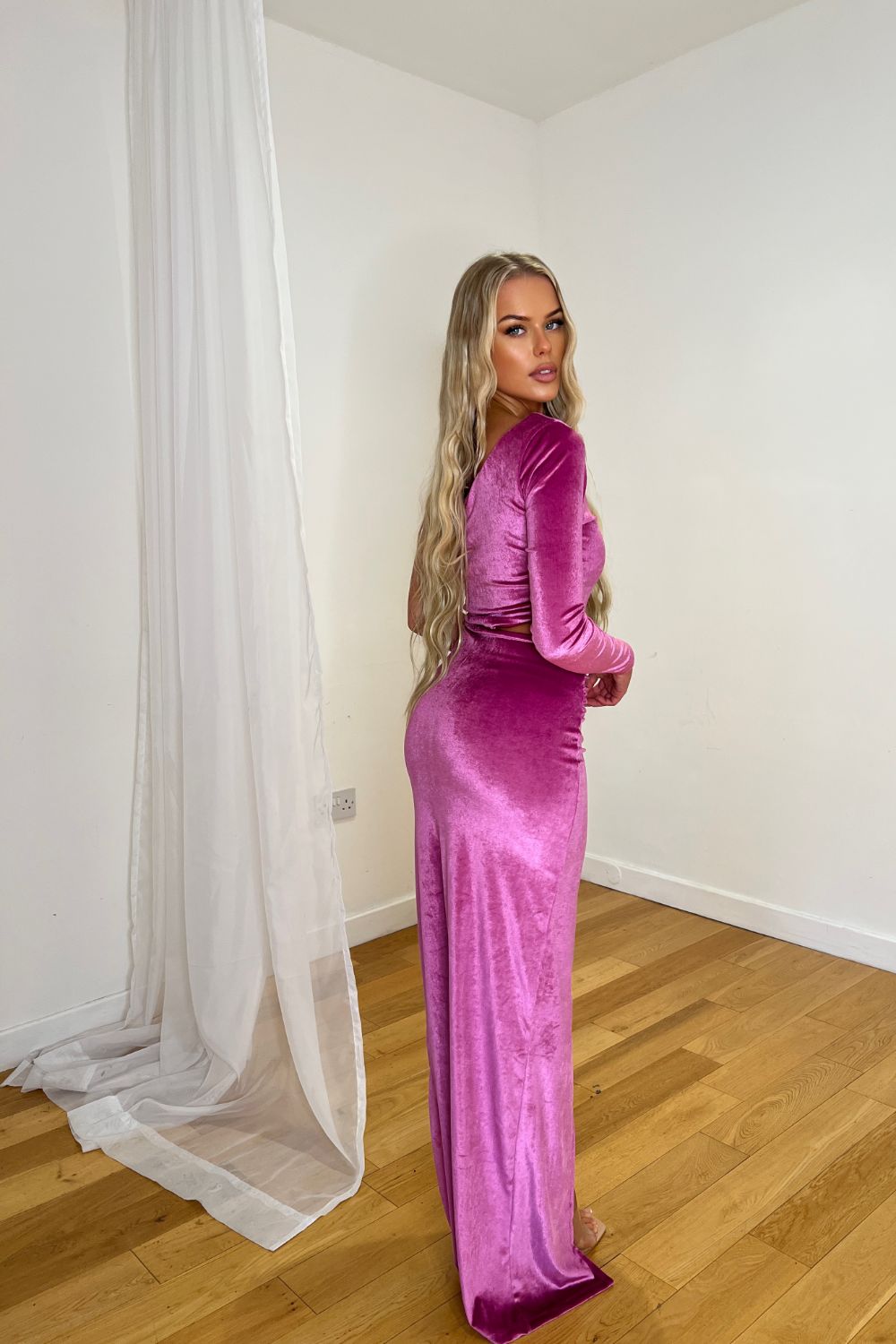 Rianna Pink High Neck Velvet Ruched Detail One Sleeve Slit Maxi Dress