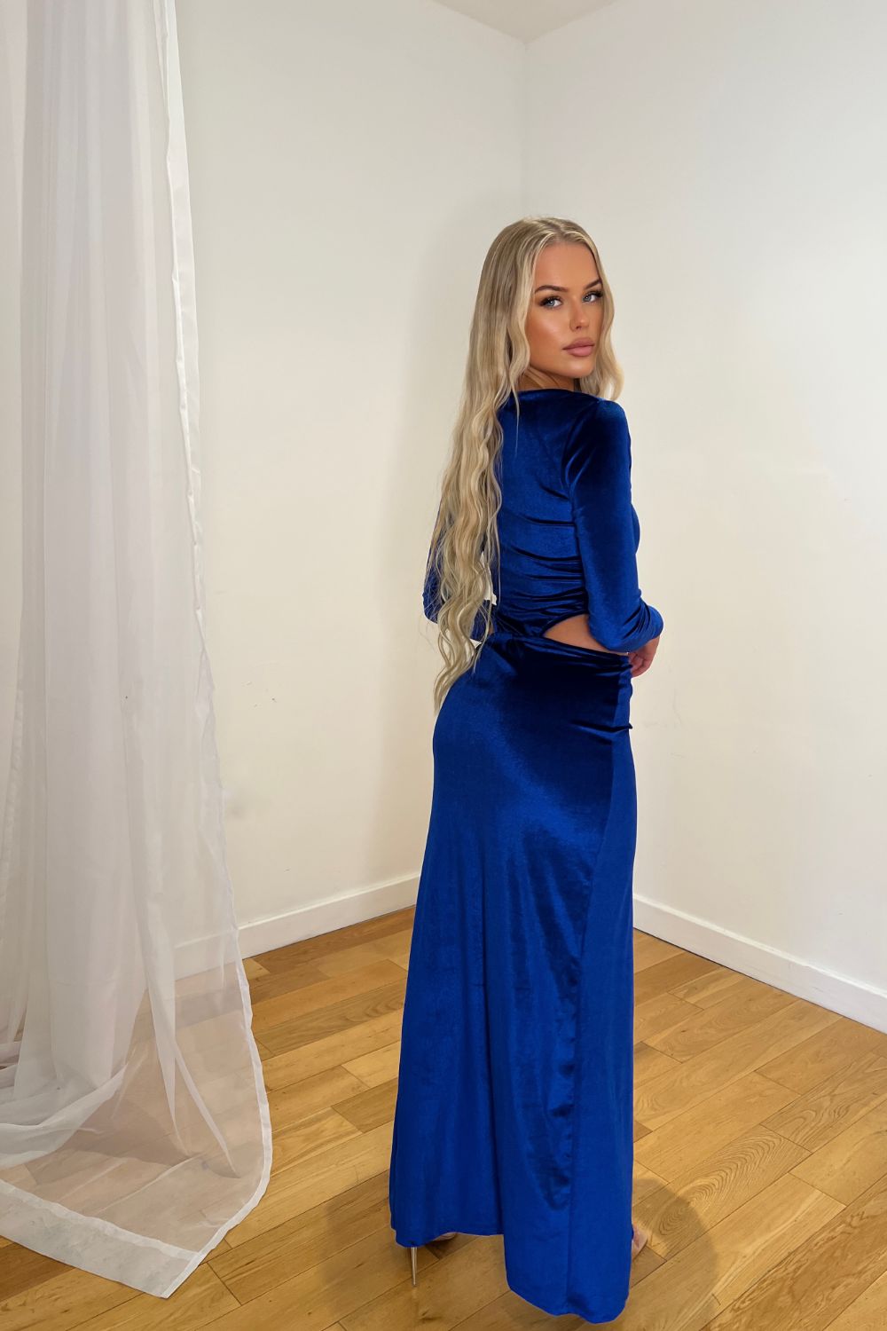 Rianna Royal Blue Drape Cut Out Waist Velvet Ruched Detail One Sleeve Slit Maxi Dress