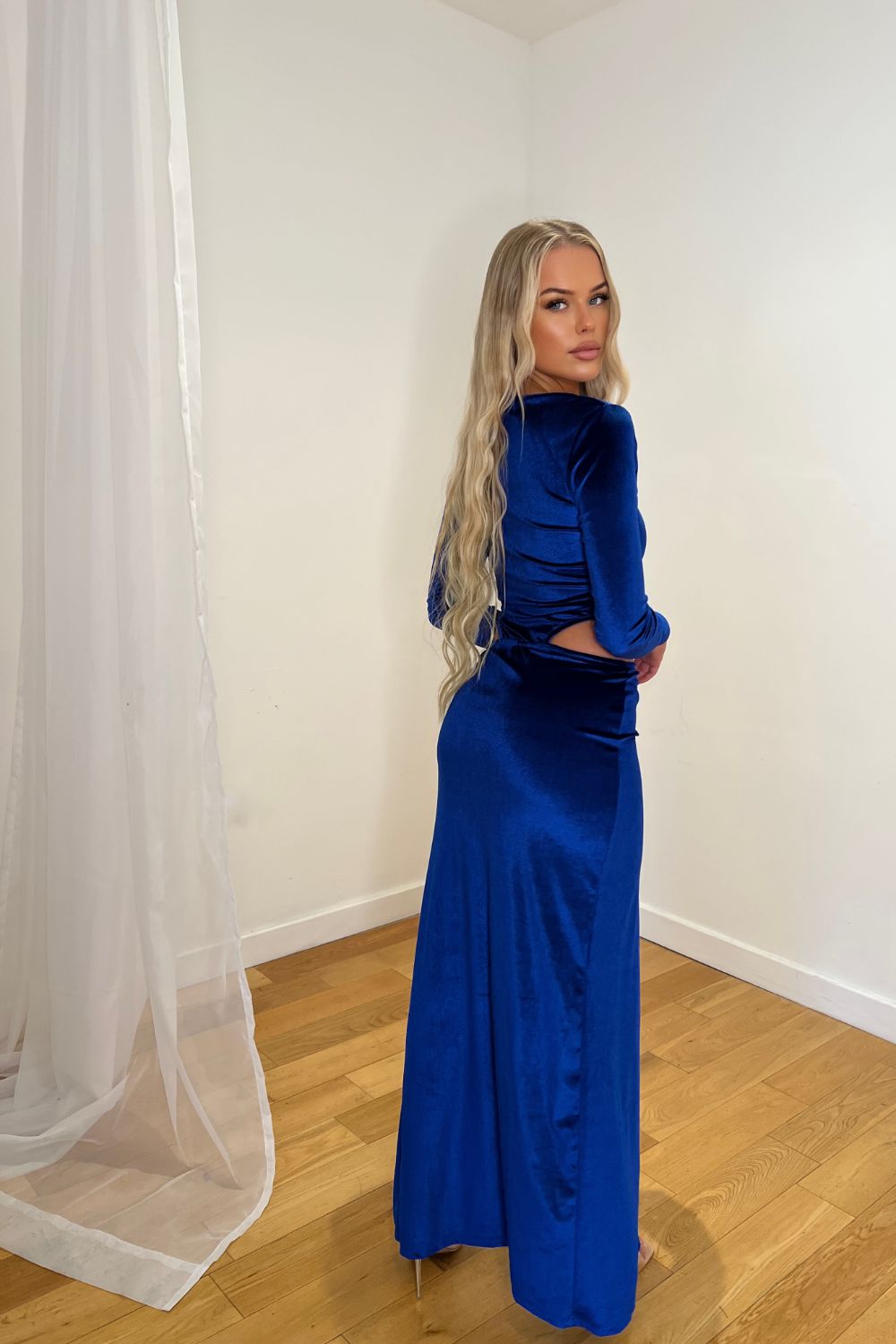 Rianna Royal Blue High Neck Velvet Ruched Detail One Sleeve Slit Maxi Dress