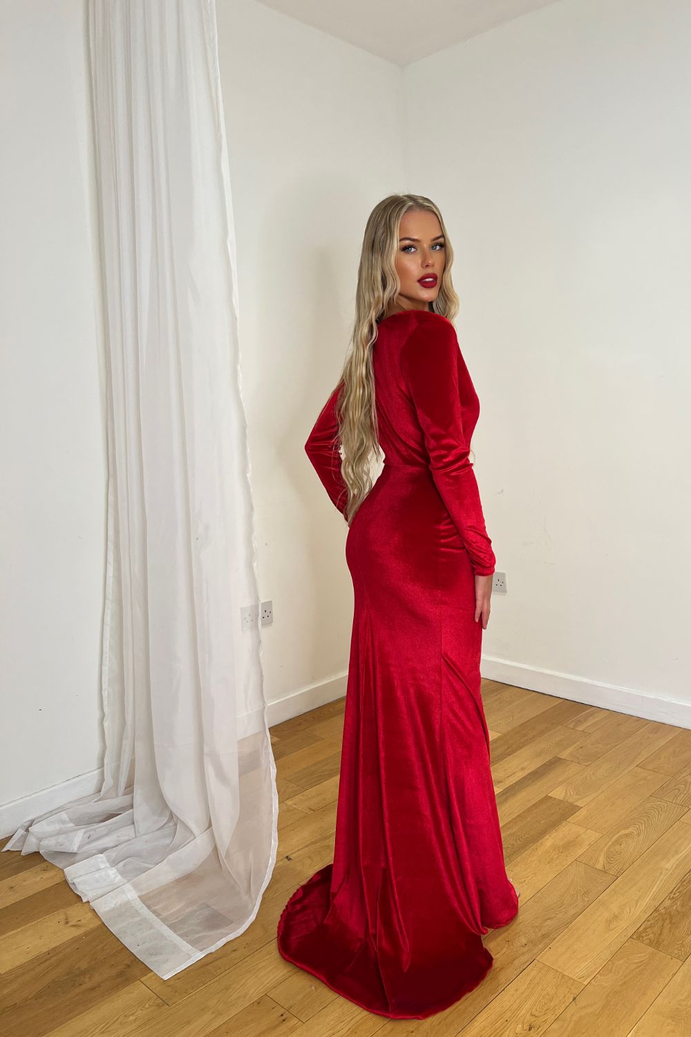 Chanel Red Velvet V-Neck Stretch Long Sleeve Mermaid Maxi Dress Chanel Red Velvet V-Neck Stretch Long Sleeve Mermaid Maxi Dress