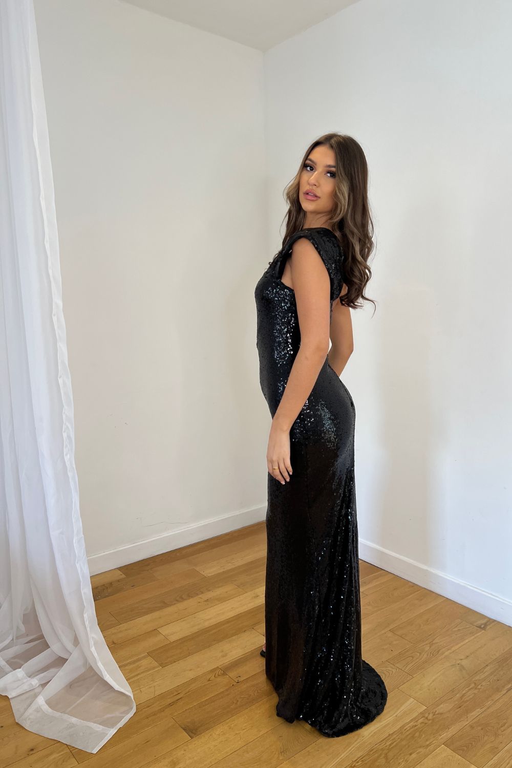 Fame Black Luxe Feather One Shoulder Sequin Illusion Slit Maxi Dress