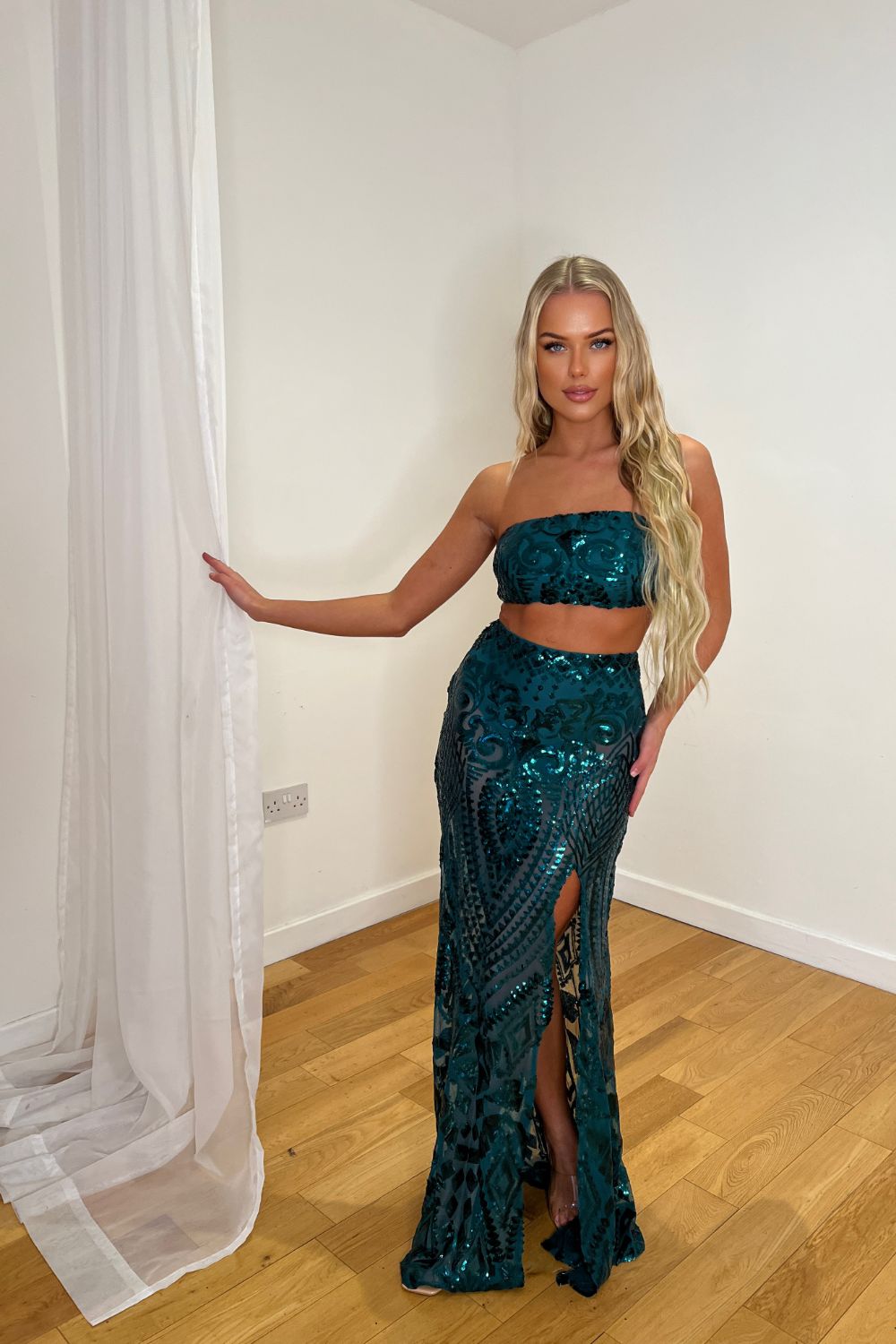 Shakirah Emerald Green Luxe Bandeau Sequin Embellished Two-Piece Maxi Slit Dress