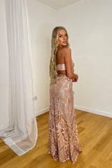 Shakirah Rose Gold Luxe Bandeau Sequin Embellished Two-Piece Maxi Slit Dress