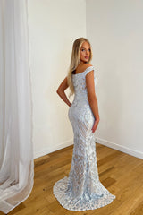 Angelika Silver Luxe Sequin Embellished Off The Shoulder Maxi Slit Dress