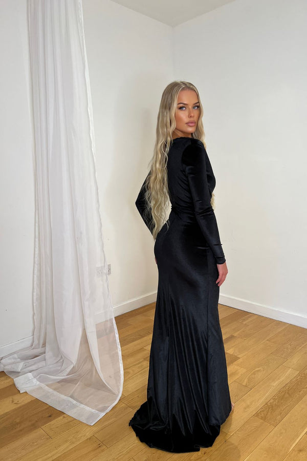 Chanel Black Velvet V-Neck Stretch Long Sleeve Mermaid Maxi Dress
