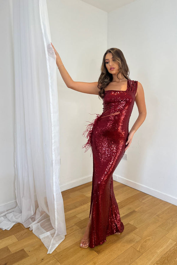 Fame Berry Luxe Feather One Shoulder Sequin Illusion Slit Maxi Dress