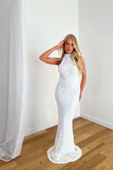 Starstruck White High Neck Luxe Beaded Shoulder Fringe Sequin Embellished Illusion Maxi Dress
