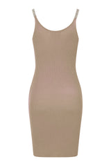 Angelina Beige Diamonte Strap Ribbed Knitted Pencil Midi Bodycon Dress