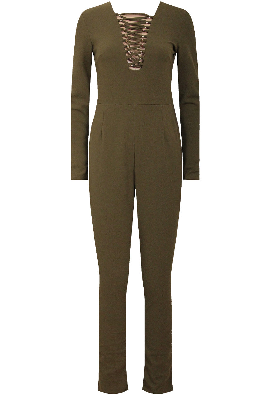 Kim Khaki Lace Tie Up Jumpsuit