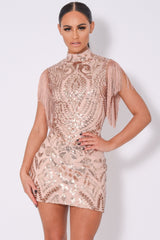 Kylie Vip Rose Gold Luxe Tassel Fringe Sequin Embellished Illusion Dress
