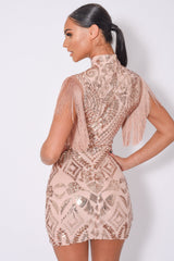 Kylie Vip Rose Gold Luxe Tassel Fringe Sequin Embellished Illusion Dress