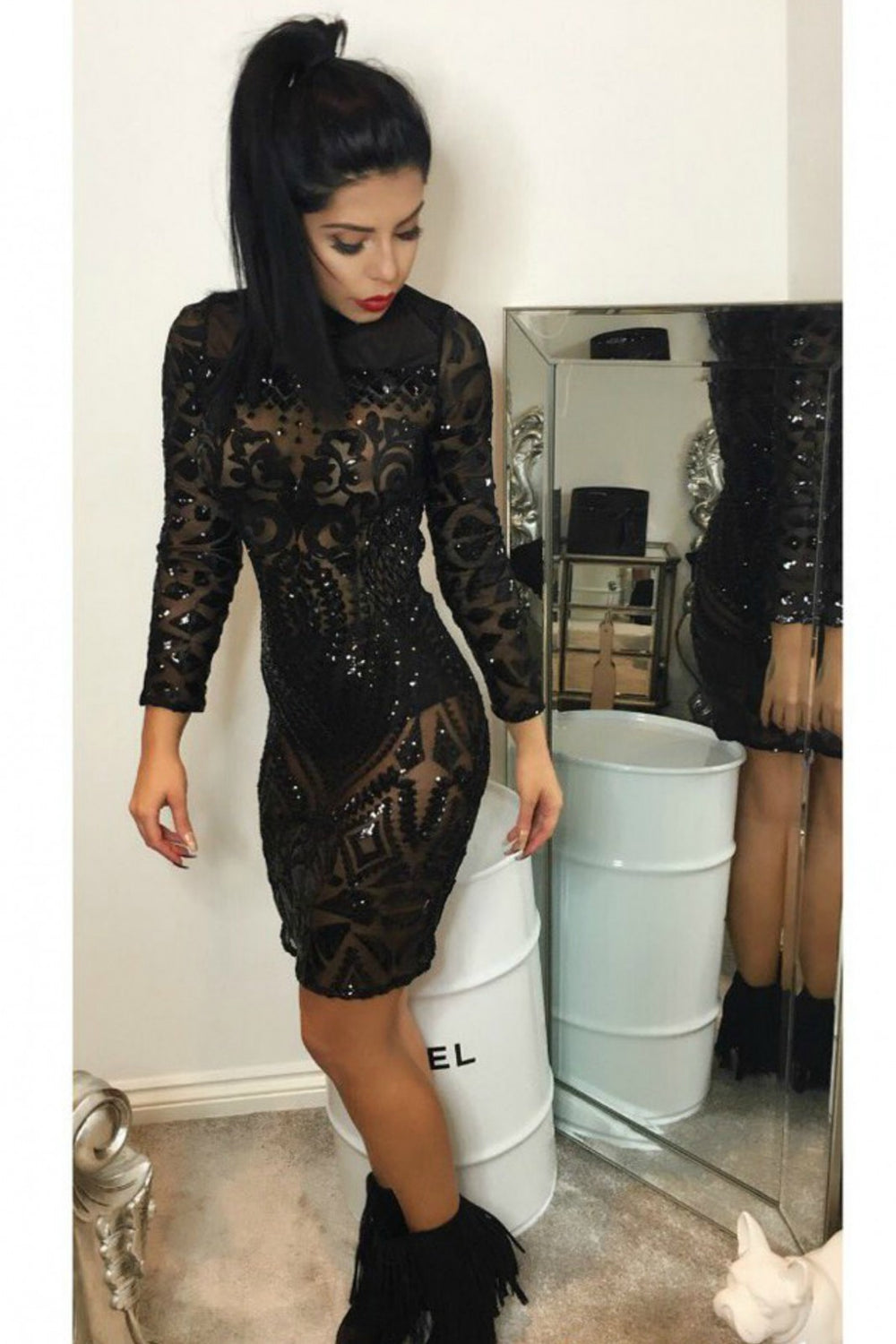 Mimi Black Luxe Sequin Embellished Transparent Midi Dress