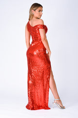 Marilyn Red Sequin Off The Shoulder Maxi Slit Dress