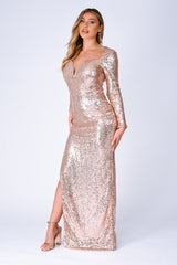 Hollywood Vip Rose Gold Sequin Plunge Slit Maxi Dress