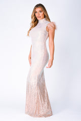 Bliss Vip Rose Gold Silver Ombre Sequin Feather Maxi Mermaid Dress