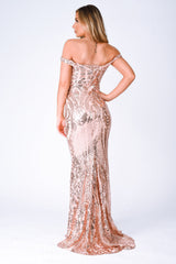 Layali Rose Gold Bardot Sweetheart Sequin Embellished Maxi Fishtail Dress