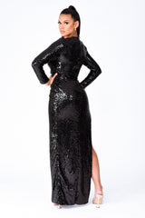 Hollywood Vip Black Sequin Plunge Slit Maxi Dress