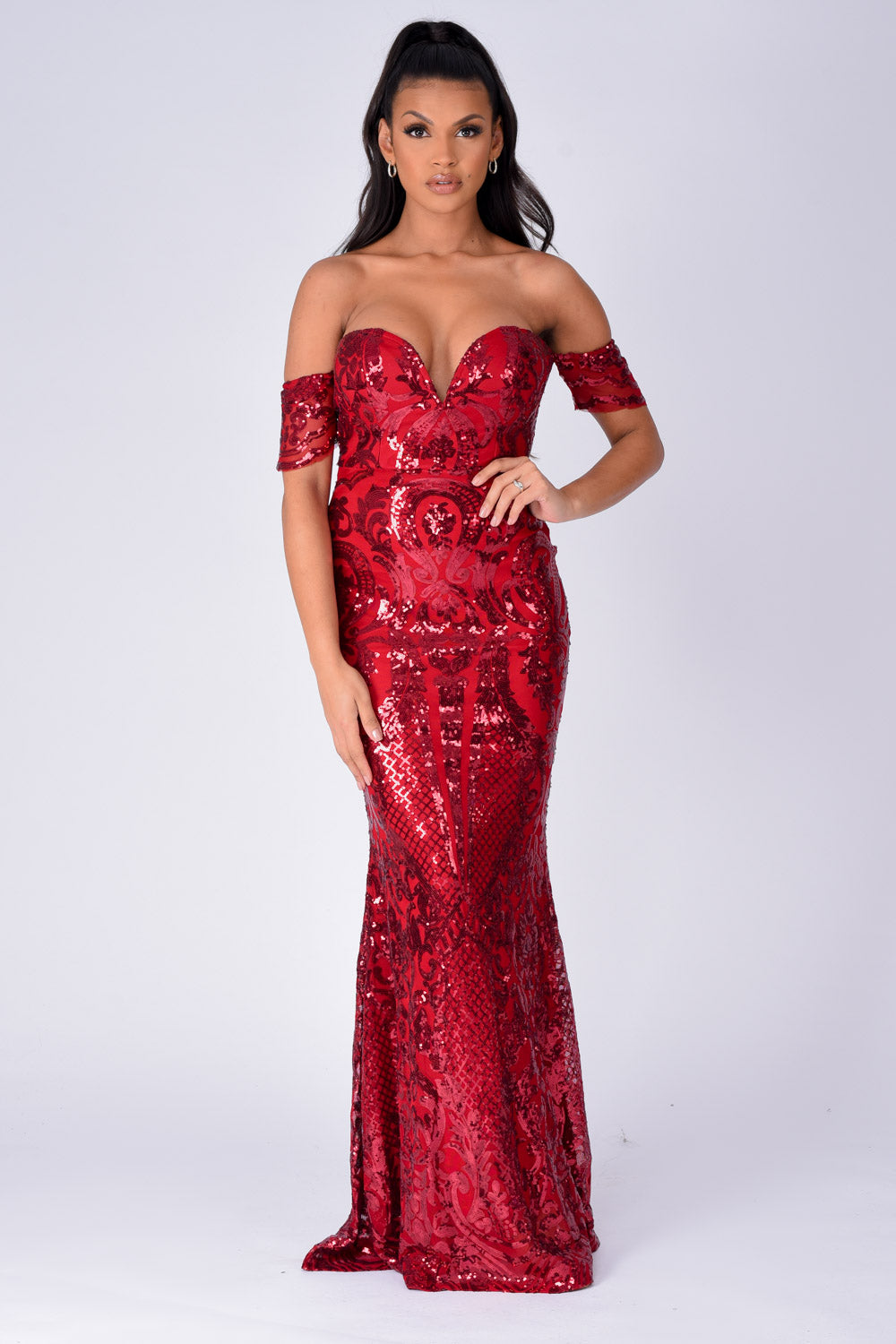 Lovestruck Berry Luxe Sweetheart Off Shoulder Sequin Fishtail Dress