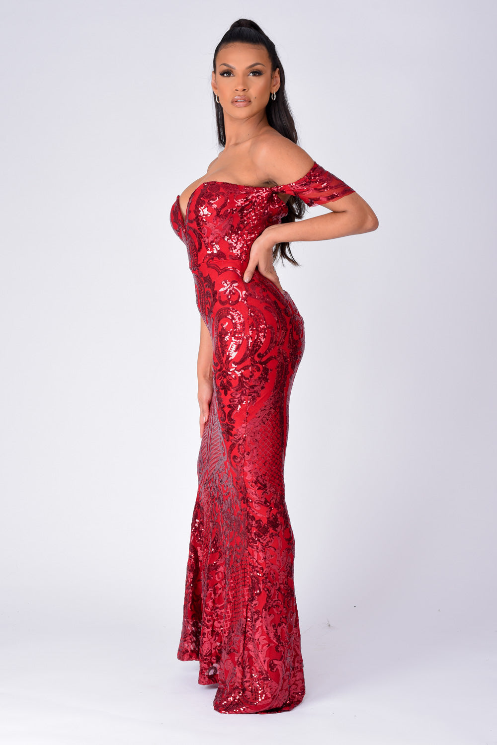 Lovestruck Berry Luxe Sweetheart Off Shoulder Sequin Fishtail Dress