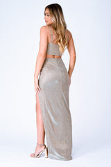 Cuba Rose Gold Metallic Glitter Crop Top Thigh Slit Skirt Two Piece Co ord Set