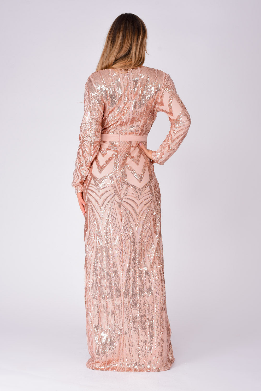 Elite Vip Rose Gold Nude Sequin Illusion Middle Slit Maxi Dress